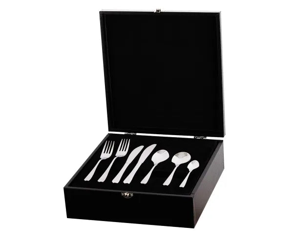 Savannah 42 Piece Cutlery Giftbox Set showing forks, knives, and spoons in a black presentation box with lid open