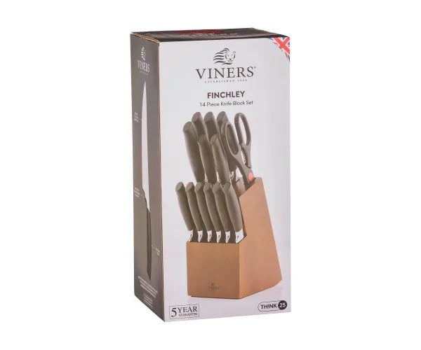 Viners Finchley 14 Piece Knife Block Set in wooden block with black handles and kitchen scissors visible on packaging box.
