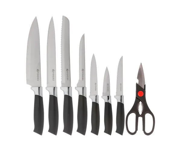 Finchley 14 Piece Knife Block Set showing seven knives with black handles and one pair of kitchen scissors on white