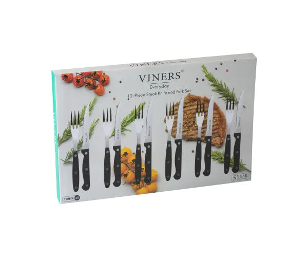 Viners 12 Piece Steak Knife and Fork Set in packaging with black handles and steak and herbs background