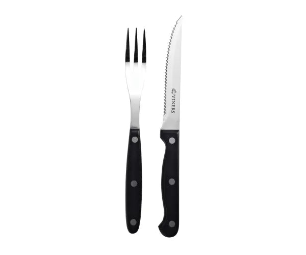 Viners steak knife and fork with black handles and stainless steel blades on white background