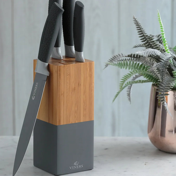 Horizon Grey 6 Piece Knife Block Set with sleek knives and wooden block, available at Keans Claremorris.
