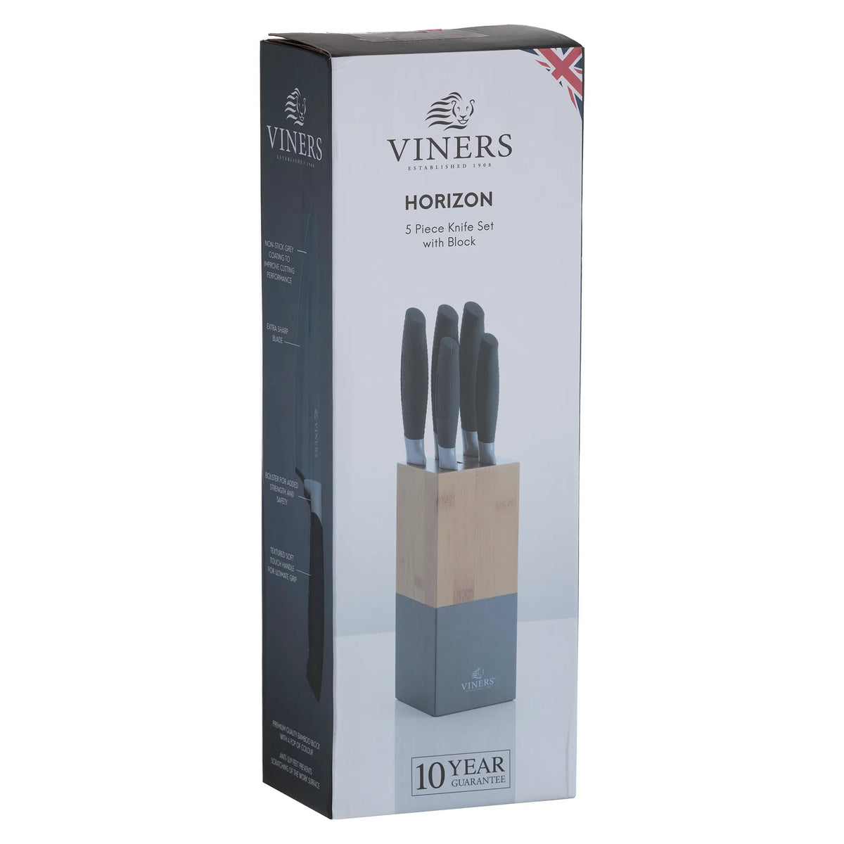 Horizon Grey 6-piece knife block set with stainless steel blades, sleek design – available at Keans Claremorris.