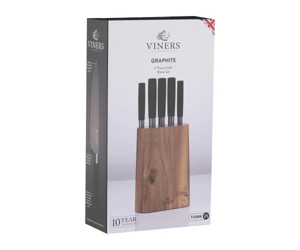 Graphite 6 Piece Knife Block Set with black handles in a wooden block, shown on product packaging box.