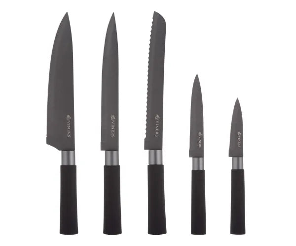 Graphite 6 Piece Knife Block Set showing five knives with black handles and dark blades on white background