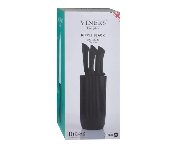Packaging box showing the Everyday Black Ripple 6-piece knife block set with black textured block and knives.