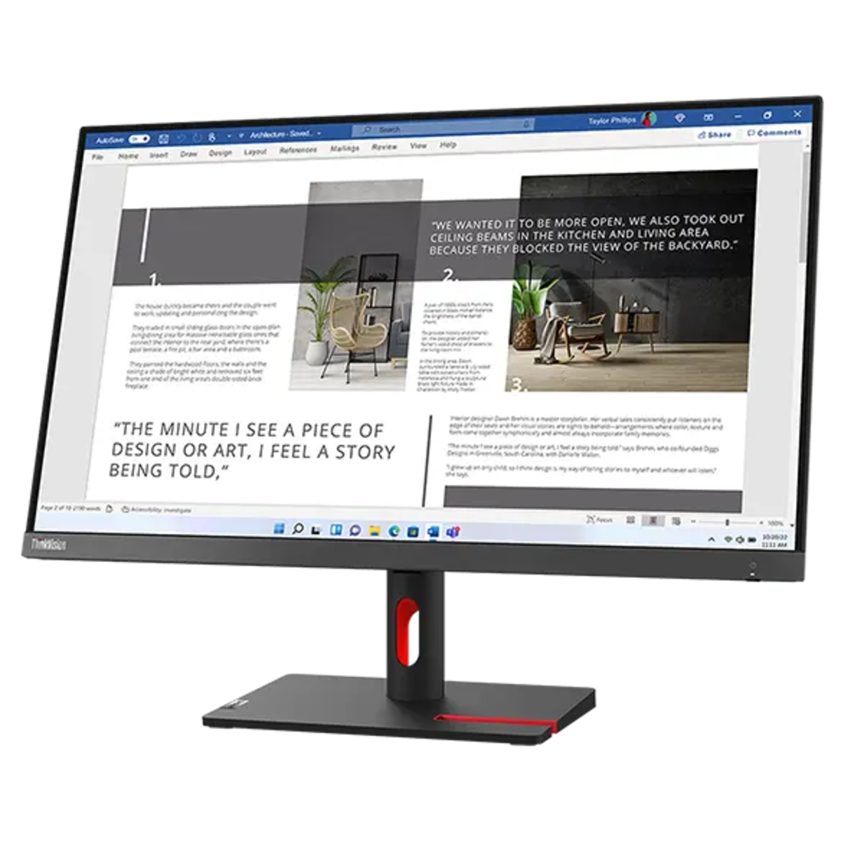 Lenovo ThinkVision S27i-30 27" FHD monitor angled right, displaying a document on screen with a black and red stand.