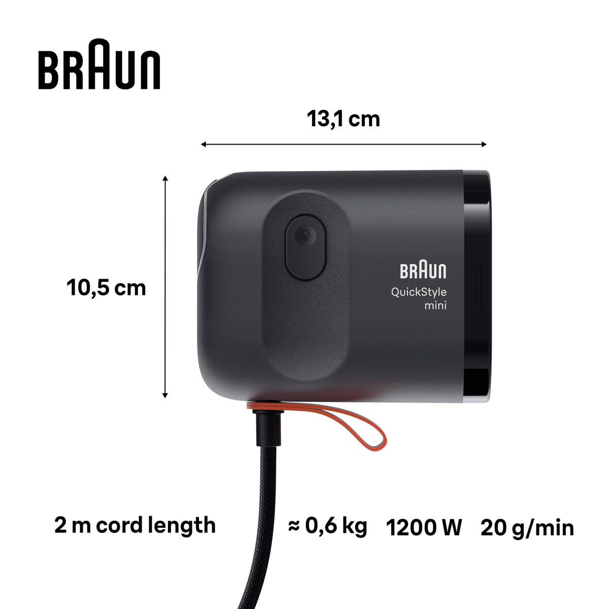 Black Braun Carestyle Mini Travel Garment Steamer with power button and orange cord loop, side view with dimensions.