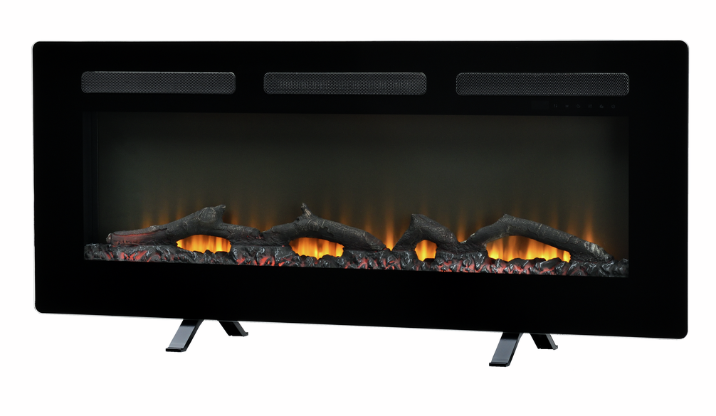 Dimplex Sierra 48" wall fire with glowing logs and orange flame effect in a black frame on stand