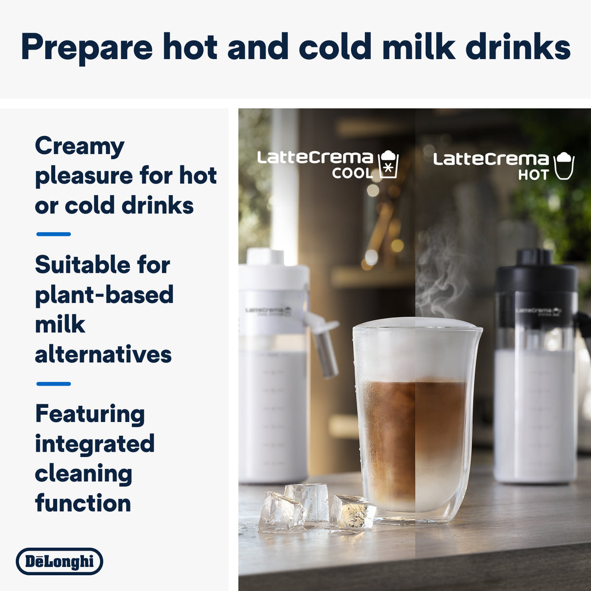 Half iced and half hot latte in a glass with DeLonghi LatteCrema Cool and Hot milk containers behind.