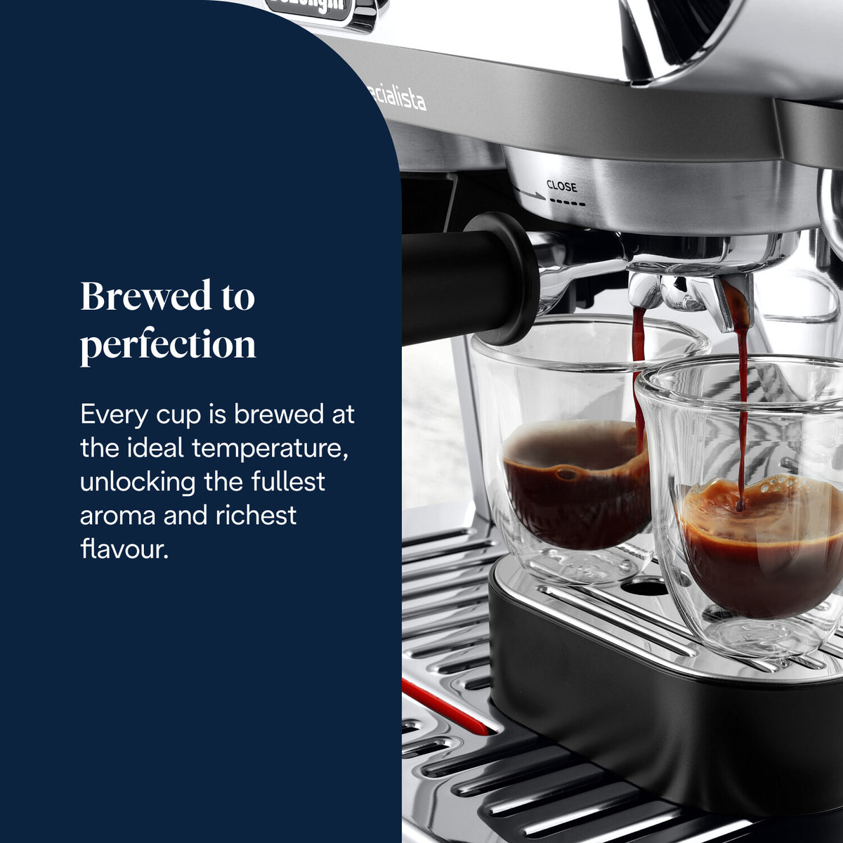 DeLonghi La Specialista Arte Evo espresso machine brewing two shots of espresso into clear glass cups.