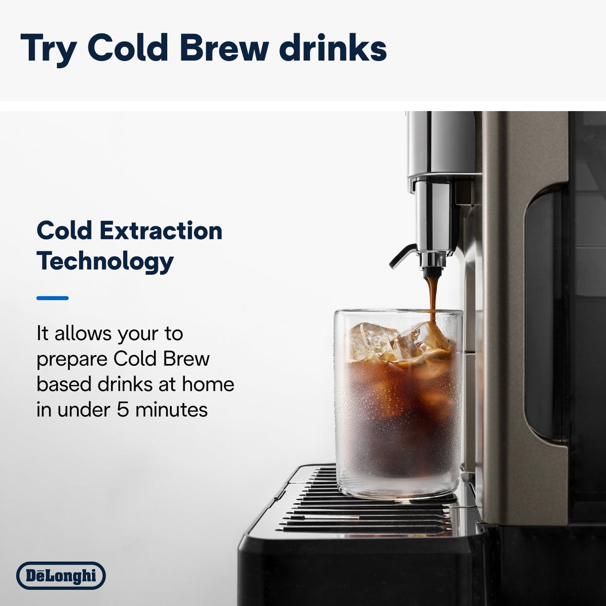 DeLonghi Eletta Explore coffee machine pouring cold brew into a glass with ice on drip tray.
