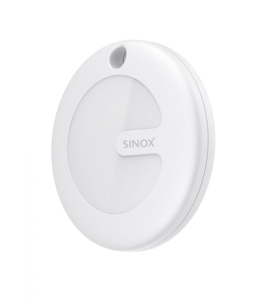 White circular Sinox Tracker Tag with key ring hole and logo on front center