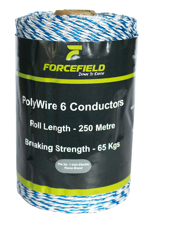 Roll of Forcefield 6 strand polywire with black label showing product details and blue and white wire strands.