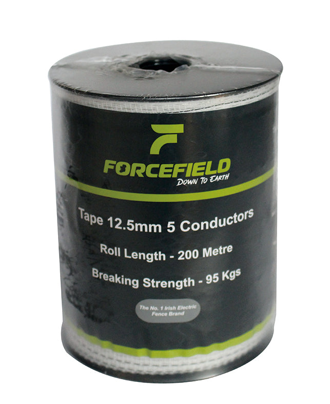 Forcefield Polytape 12.5mm 5 conductor strands, 200m roll with black and green label wrapped in plastic.