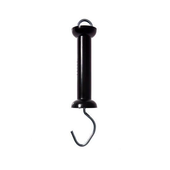 Black Forcefield Safety Gate Handle with open metal hook, shown upright on white background.