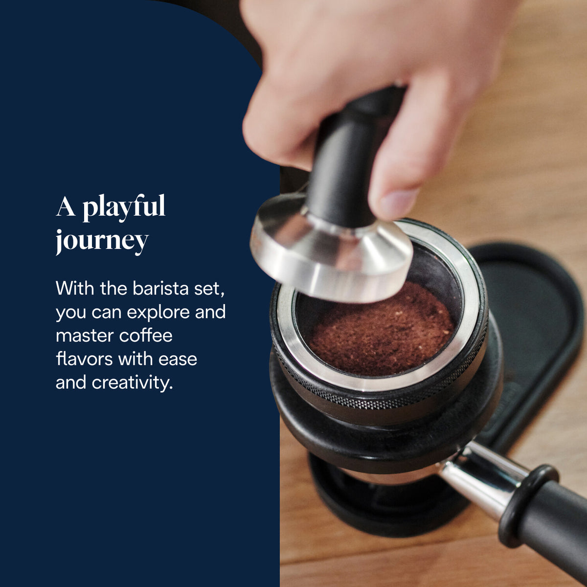 Hand tamp pressing ground coffee in the portafilter of the DeLonghi La Specialista Arte Evo espresso machine barista set.