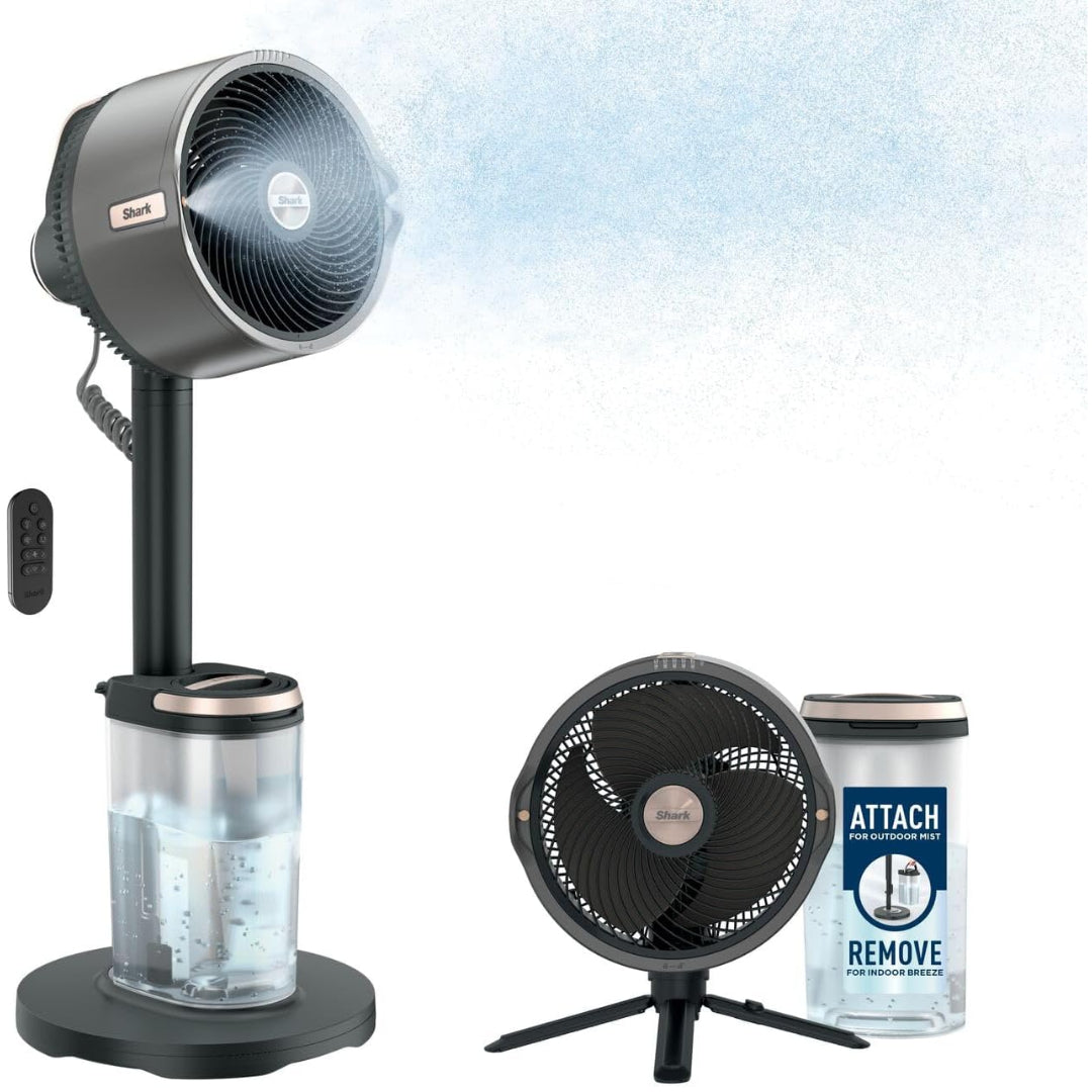 Shark FlexBreeze Pro fan with misting system attached and detached, plus remote control and water tank.