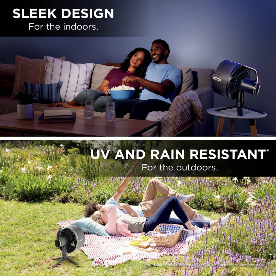Shark FlexBreeze Pro Mist fan shown indoors on a side table and outdoors on grass during a picnic.