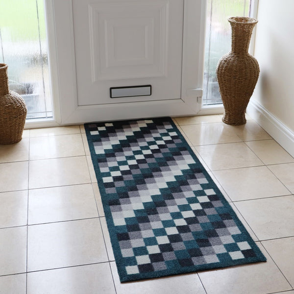 Mega Runner Pixels 57x150cm absorbent indoor runner mat in grey-blue tones, non-slip foam back, washable – Keans Claremorris