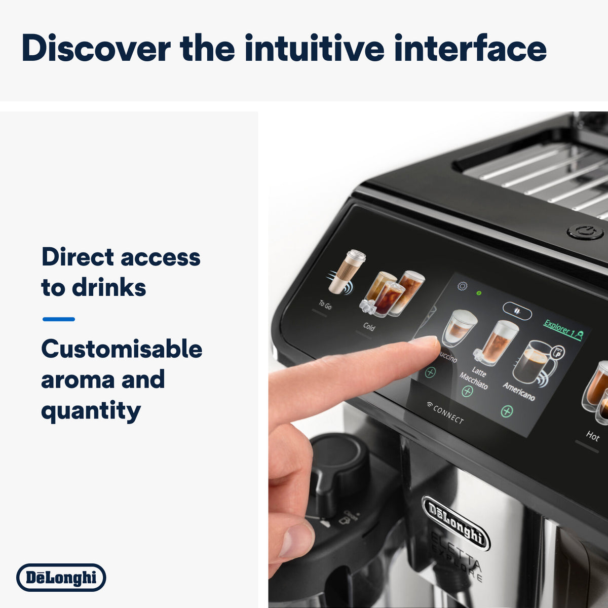 Finger selecting cappuccino on the touchscreen of the DeLonghi Eletta Explore coffee machine in titanium.