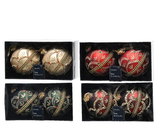 Elegant 10cm Glass Baubles with Beads, Glitter & Gem Chain – 4 Assorted Colours (Box of 2) - Image 1