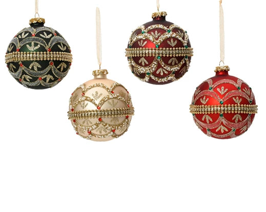 Elegant 10cm Glass Baubles with Beads, Glitter & Gem Chain – 4 Assorted Colours (Box of 2) - Image 2