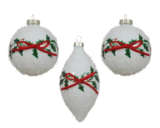 Winter White Glass Bauble with Branch Design 2 Ass 8cm - Image 1