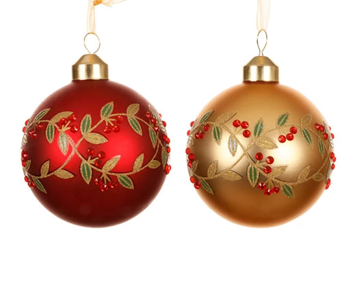 Glass Baubles with Leaf Motif & Red Beads – 8cm