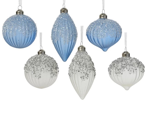 Bauble Glass Winter White/ Sky Blue dia8cm 6 ass