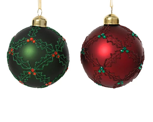 Glass Baubles with Red Diamond Detailing – Oxblood & Pine Green (8cm)
