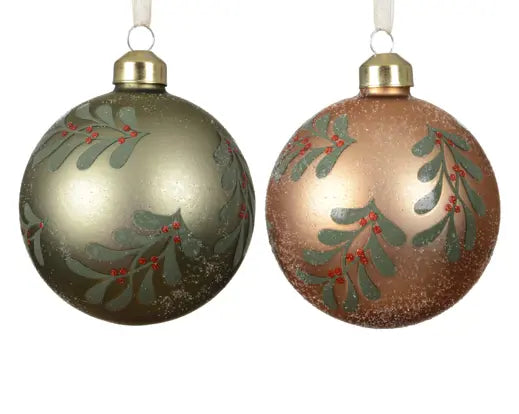 Matt Glass Bauble with Leaves & Berries 8cm – Assorted Colour