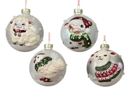 Farm Animals Glass Christmas Bauble 8cm – Assorted Design