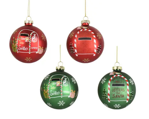 Four Christmas ornament-shaped mailers in red and green glass, each decorated with a Santa-themed mailbox design, hanging against a plain white background.