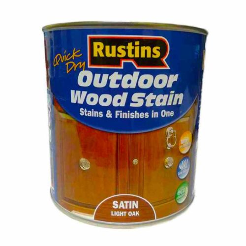Rustins Light Oak Satin Woodstain 1L, quick-dry outdoor acrylic finish, protects and enhances wood grain - Keans Claremorris