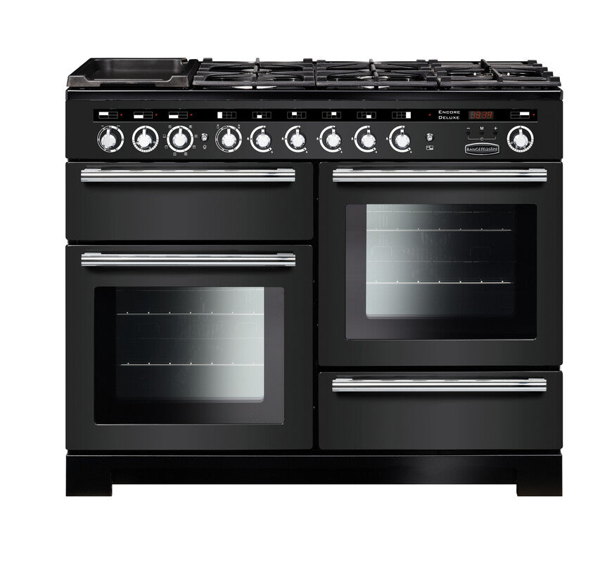 Rangemaster Encore Deluxe 110 dual fuel range cooker in black with chrome trim, six burners, and three ovens visible