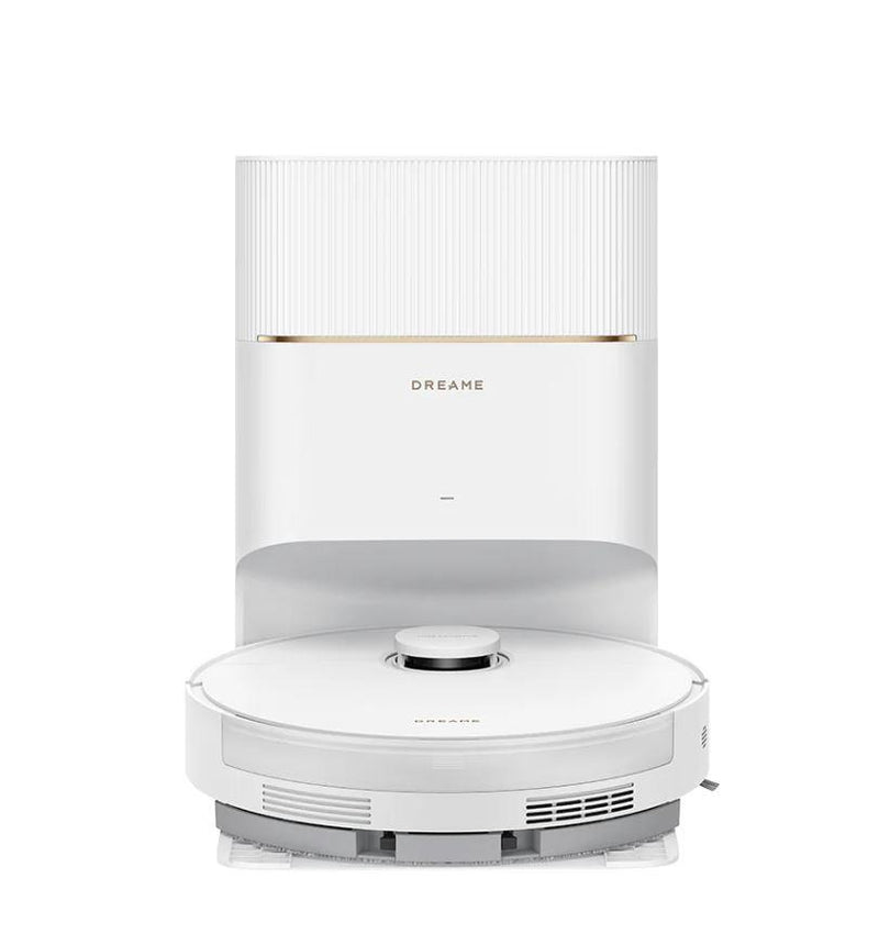 White robot vacuum cleaner with 'Dreame' branding on a white background