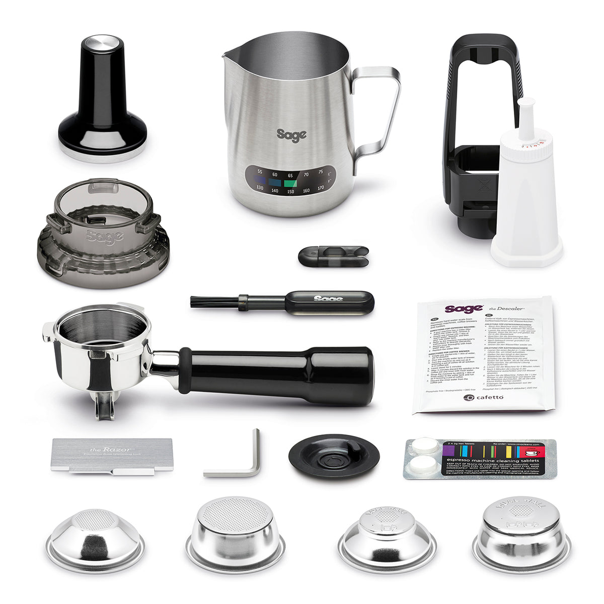 Sage Barista Express accessories including stainless steel milk jug, portafilter, tamper, cleaning tablets, and filters on