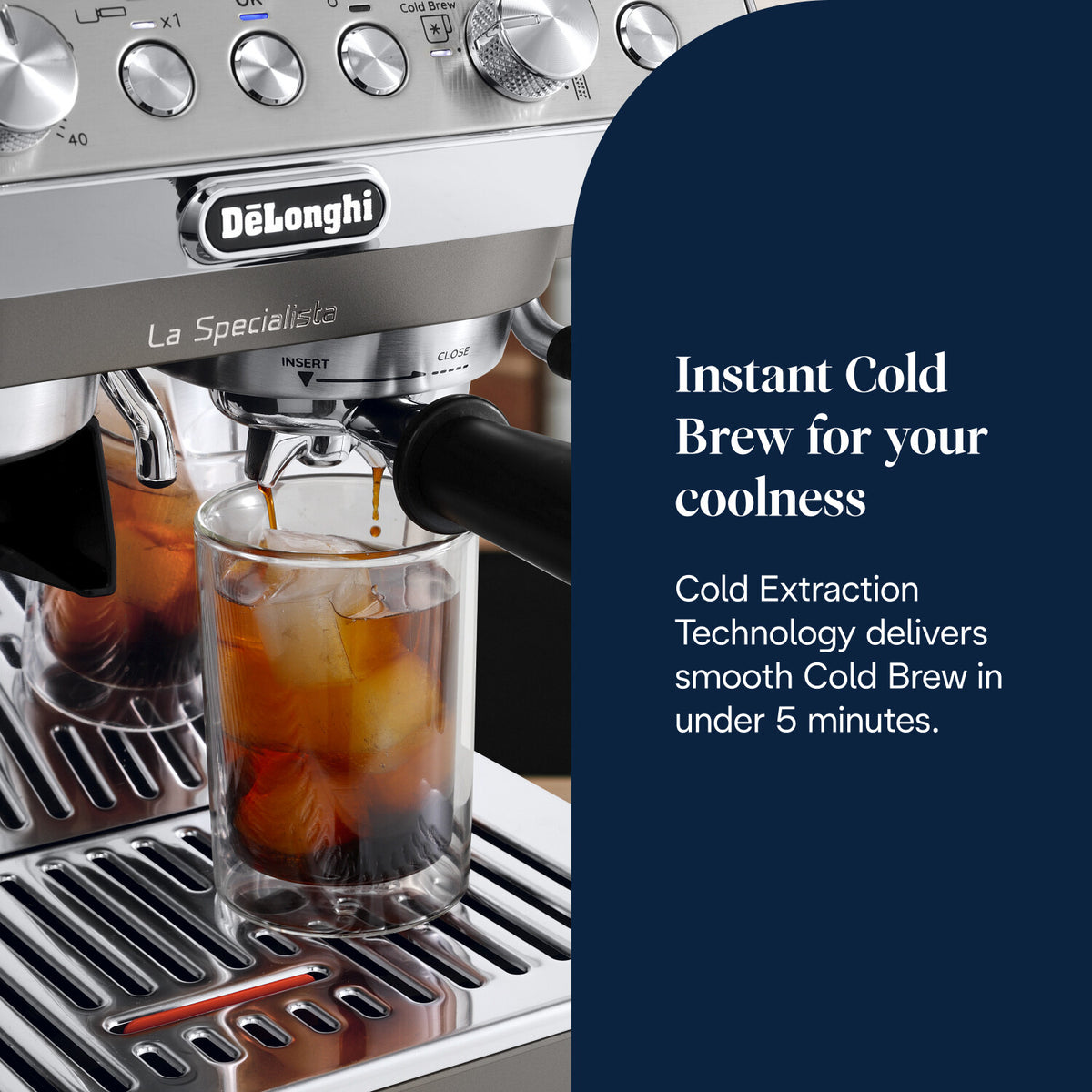 DeLonghi La Specialista Arte Evo espresso machine brewing cold brew coffee into a glass with ice.