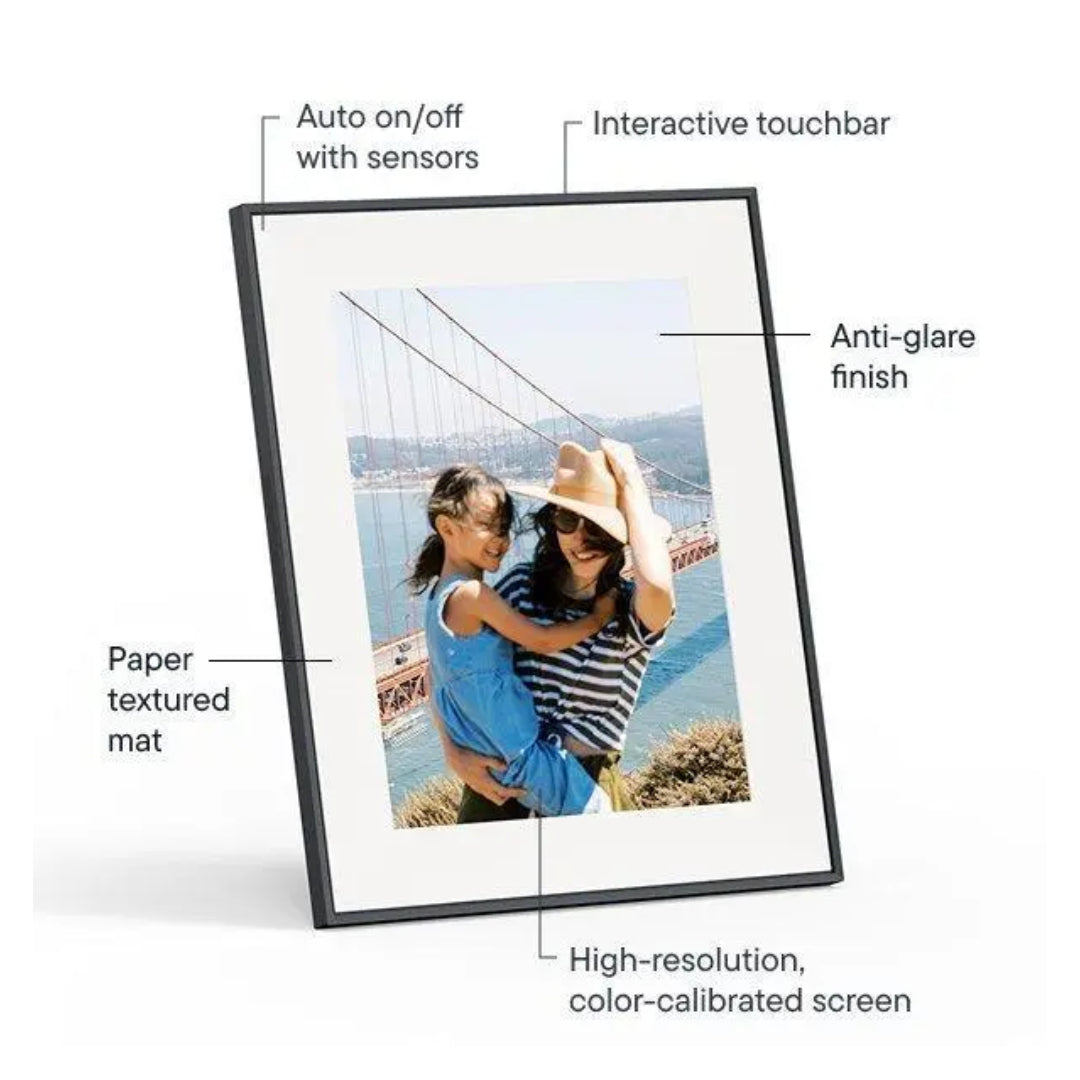 Aura Aspen 12'' Ink digital photo frame with interactive touchbar and paper textured mat displaying a family photo