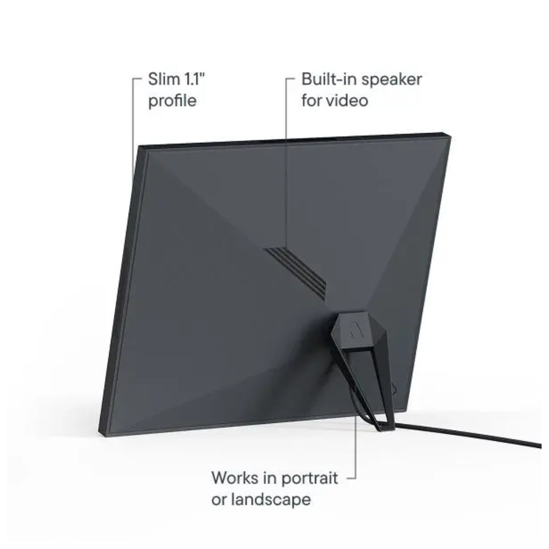 Back view of Aura Aspen 12'' - Ink digital frame showing slim profile, built-in speaker, and stand.