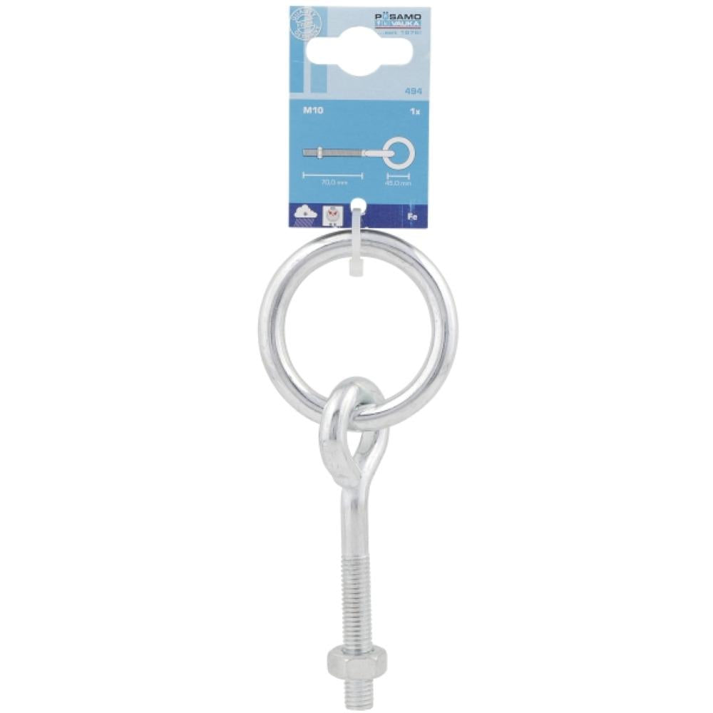 Posamo 45x70mm M10 steel eye bolt with welded ring and nut, zinc plated for durability – Keans Claremorris.