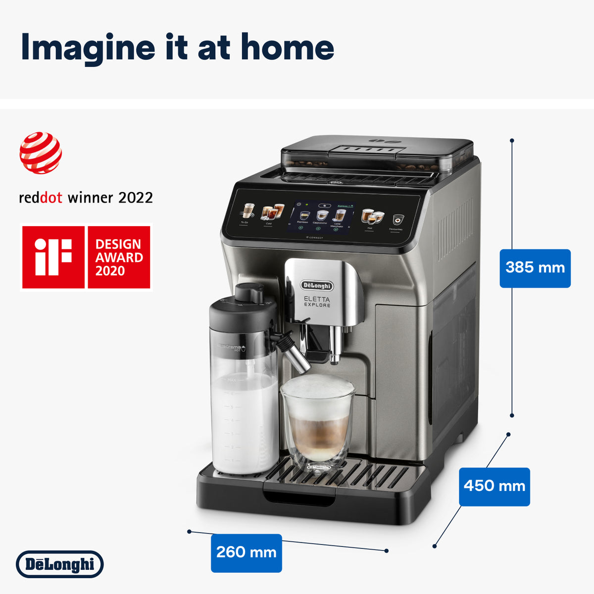 DeLonghi Eletta Explore coffee machine in titanium with milk frother and cappuccino in glass cup