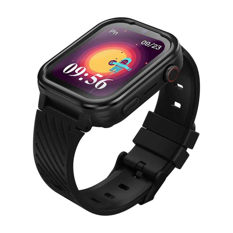 Smartwatch Garett Kids Essa 4G in black with colorful animated watch face showing time 09:56 and date 09/23.