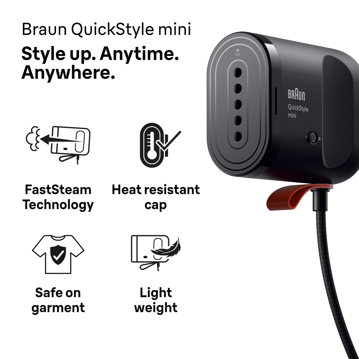 Close-up of the front and side of the black Braun Carestyle Mini Travel Garment Steamer with power button and cord.