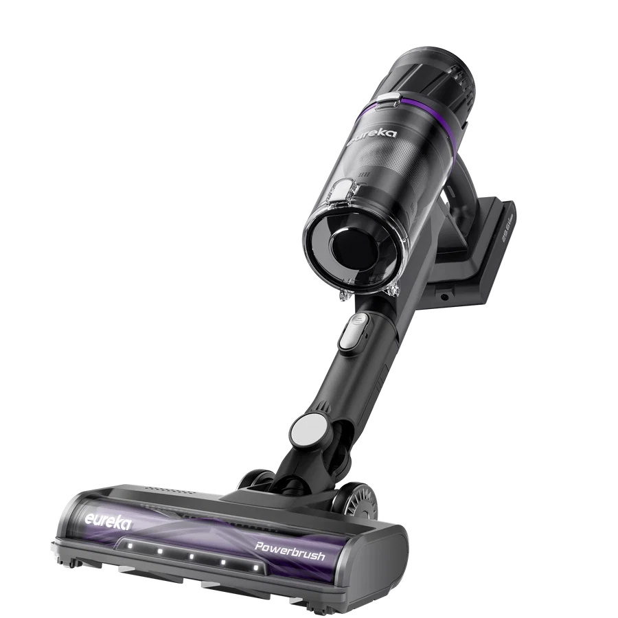 Eureka 60 Min Cordless Vacuum NEC530BK angled view showing powerbrush head with LED lights and transparent dustbin