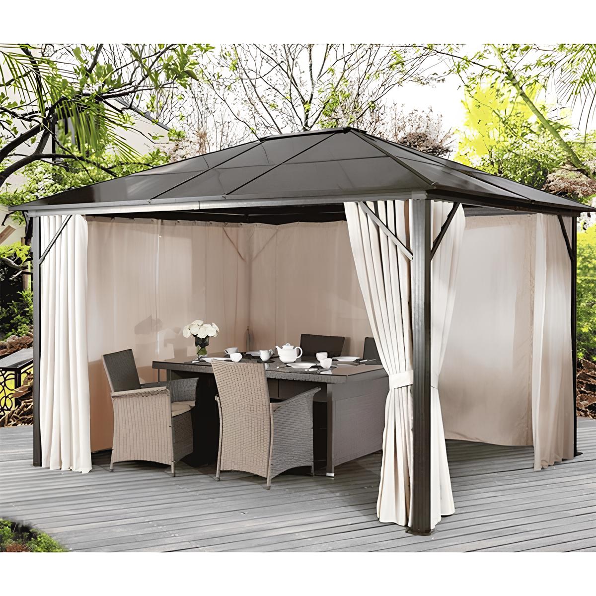 Luxury gazebo with dark polycarbonate roof, beige curtains tied back, and outdoor dining set inside on wooden deck.