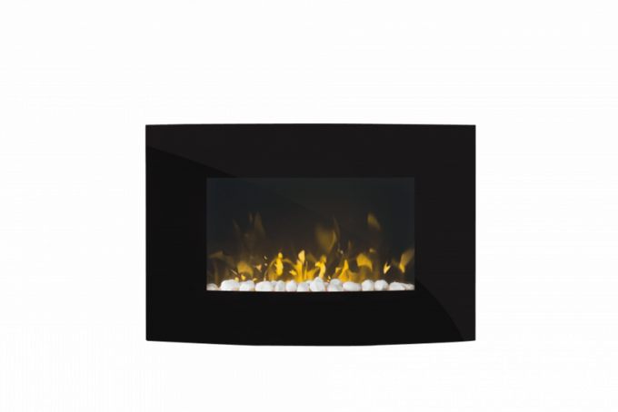 Dimplex 2KW Artesia wall mounted electric fire with curved black glass, multi-coloured flames, remote control – Keans