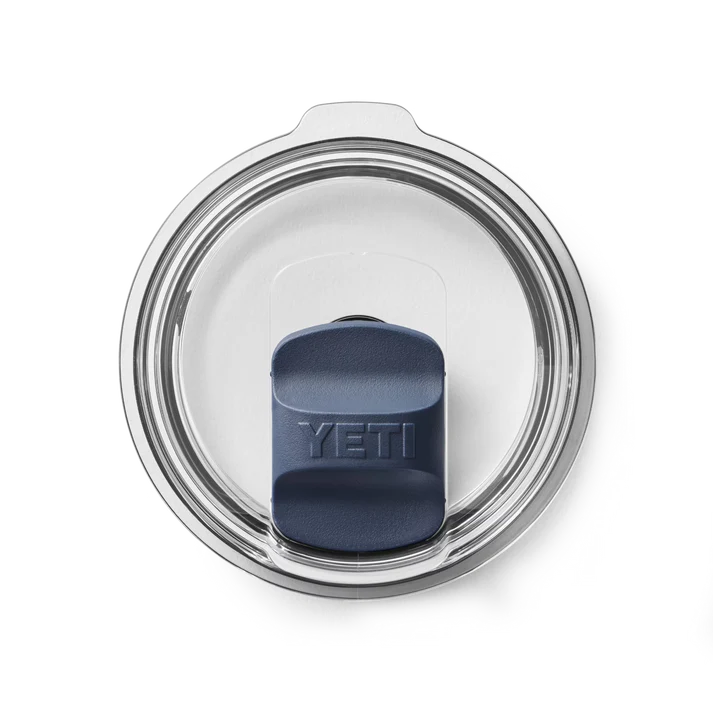 Clear round lid with navy blue YETI Magslider drink opening cover centered on top