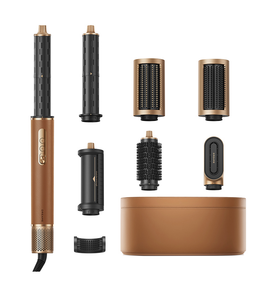 Dreame AirStyle Pro 7-in-1 Hair Styler with seven attachments and brown storage case on white background.